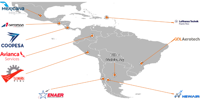 Mapa de MROs competidores en Latinoamérica y ubicación de MRO Córdoba